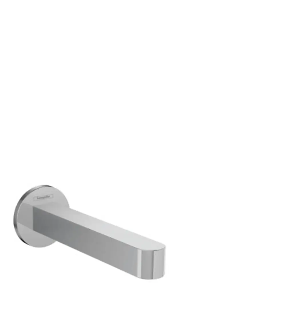 Chromfarbener Auslauf von Hansgrohe, mit geradlinigem Design und runder Wandbefestigung, zur Verwendung in Badewannen.